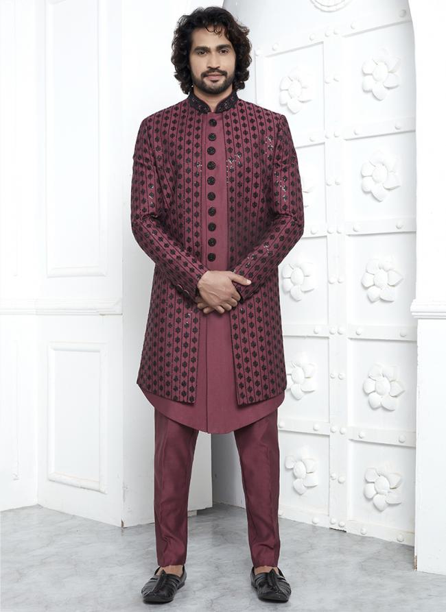 Art Silk Rose Pink Wedding Wear Embroidery Work Readymade Sherwani